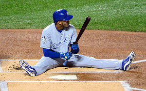 Oct 30, 2015; New York City, NY, USA; Kansas City Royals shortstop Alcides Escobar reacts after being knocked back by a pitch in the first inning against the New York Mets in game three of the World Series at Citi Field. Mandatory Credit: Jeff Curry-USA TODAY Sports