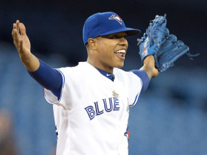 Toronto Blue Jays starting pitcher Marcus Stroman celebrates after his 8-0 complete game against the Chicago Cubs in Toronto on Monday, September 8, 2014. THE CANADIAN PRESS/Frank Gunn